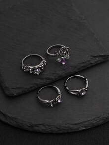 4pcs Dark Moody Vine Rose Flower Purple Rhinestone Rings, Layered Wrap-Around Bee Flower Ring Set For Women - Grey - View 3
