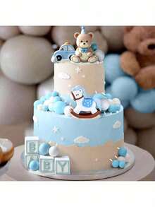 1 Set Blue Bear Cake Toppers, Blue & Gold Ball Cake Decorations, Baby Christening Birthday Cake Decor, Baby Shower Cake Decor, Reusable (Do Not Directly Contact The Cake, Please Use With White Tube And Tray, Do Not Touch The Surface Of The Ball) - Multicolor - View 5