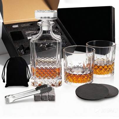 Elegant Whiskey Gift Set, Includes 1 Whiskey Bottle, 2 Glasses, 6 Ice Cubes, Ice Tongs, Coaster, Suitable For Whiskey, Brandy, Vodka. Unique And Ideal Gift For Him, Her, Boyfriend, Father, Family, Friends, Suitable For Father's Day, Anniversary, Valentine's Day, Holidays, Parties