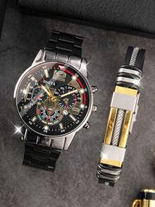 奢华男士石英表，经典商务男士腕表，大表盘，合金钢表带，蓝光三表盘男士石英表，附赠男士表链，不锈钢手工皮革嘻哈表链