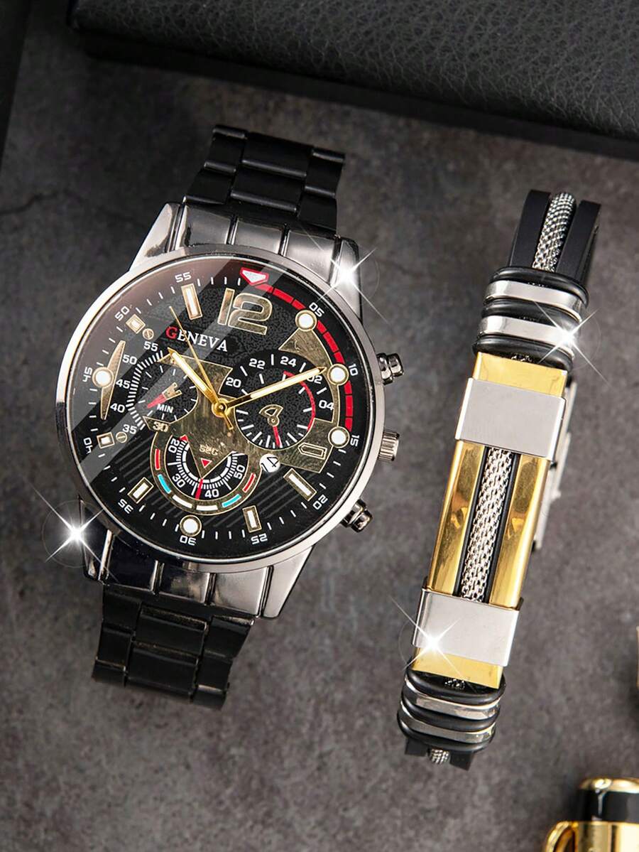 奢华男士石英表，经典商务男士腕表，大表盘，合金钢表带，蓝光三表盘男士石英表，附赠男士表链，不锈钢手工皮革嘻哈表链