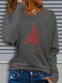 Women's Casual Long Sleeve Round Neck Pattern Printed T-Shirt-Red Christmas Tree Design ,Comfortable Fabric ,Machine Washable ,Suitable For Autumn - 深灰色 - 查看 10