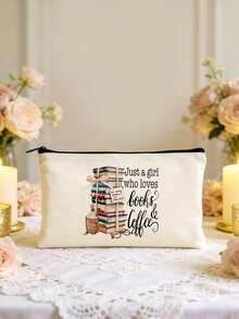 1/5pcs Floral & Book Reading Themed Canvas Zipper Storage Bags Set, Creative "You're Awesome" Motivational Gift, Suitable For Back To School, Graduation, Travel, Birthday, Anniversary, Teacher's Day, Appreciation Gifts For Classmates, Friends, Students And Teachers Makeup Bag - Beige - View 16