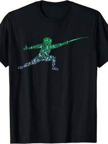 Fencing Stance Graphic Tee Men Women Fencer Sword Fighting Silhouette Short Sve T-Shirt Anime Graphic Sweatshirts Anime Tee Gift Unisex Shirts Anime Hoodie Demon, Sports T-Shirts, Halloween T-Shirts Parent-Child Outfit Mardi Gras T-Shirts - 黑色3 - 查看 1