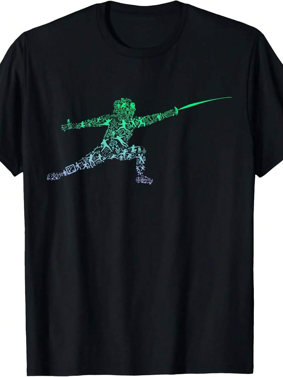 Fencing Stance Graphic Tee Men Women Fencer Sword Fighting Silhouette Short Sve T-Shirt Anime Graphic Sweatshirts Anime Tee Gift Unisex Shirts Anime Hoodie Demon, Sports T-Shirts, Halloween T-Shirts Parent-Child Outfit Mardi Gras T-Shirts - 黑色3 - 查看 1