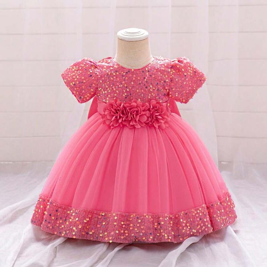 Pink Kids Clothes 2116 Big Bow 3D Flower Girls Frock Tulle Sequins Ball Gown Pageant Children Elegant Princess Prom Host Formal Evening Party Cocktail Dress 0-4Y - 西瓜 - 查看 1