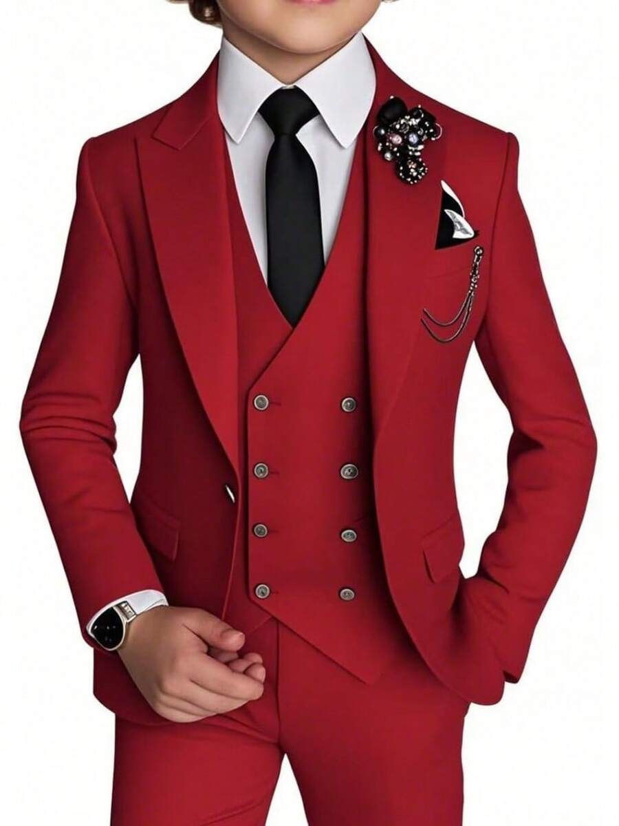Stylish Boys 4 Piece Slim Fit One Button Formal Suit Set With Tie For Wedding Prom Party - Red - View 1