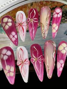 10pcs Handmade 3D Flower Nail Art,  Blooming Gel Flower Stiletto Press-On Nails, Suitable For Women And Girls Daily Wear - 中紫紅色 - 查看 4