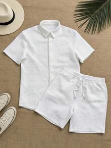 GOLDREDY 男士休闲两件套，纯色柔软针织上衣，Polo 领短袖开衫搭配同款短裤，轻松时尚的沙滩装扮 - 白色 - 查看 2