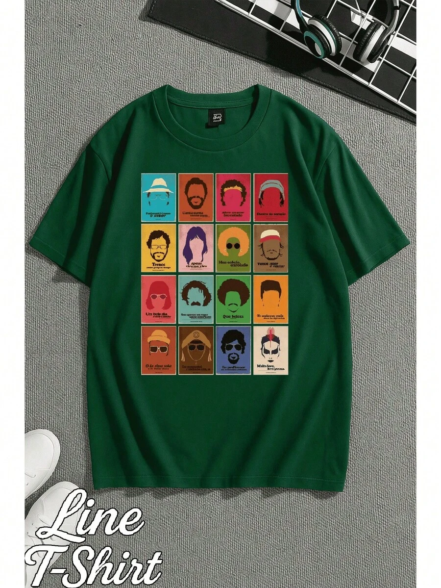 T-Shirt Featuring Classic Brazilian Singers, MPB (Brazilian Popular Music), Quotes From Raul Seixas, Rita , And Tim Maia. Unisex, Men's And Women's, 100% Cotton, Premium Top Quality, Streetwear, New Release, Immediate Shipping, Various Colors!! Plus Size. - 軍綠色 - 查看 1