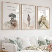 三联帆布墙画套装，耶稣肖像，自然风景，波西米亚风格墙饰，时尚挂毯，基督教经典礼物，适用于客厅、办公室、书房、卧室墙面装饰，无框礼物，生日及毕业礼物 - 米色 - 查看 1