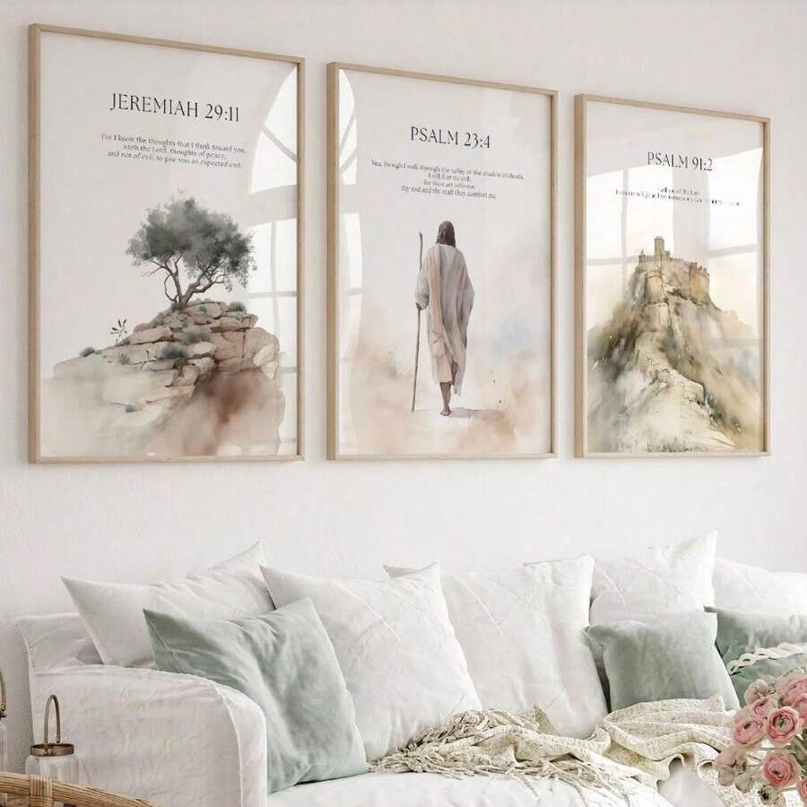 三联帆布墙画套装，耶稣肖像，自然风景，波西米亚风格墙饰，时尚挂毯，基督教经典礼物，适用于客厅、办公室、书房、卧室墙面装饰，无框礼物，生日及毕业礼物 - 米色 - 查看 1