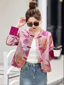 Jaket Pendek Wanita Gaya Cina dengan Kancing Katak Brokat Jacquard, Kerah Tegak, Jaket Pendek Vintage Lengan Panjang Jacquard Phoenix - Berwarna merah muda - View 1