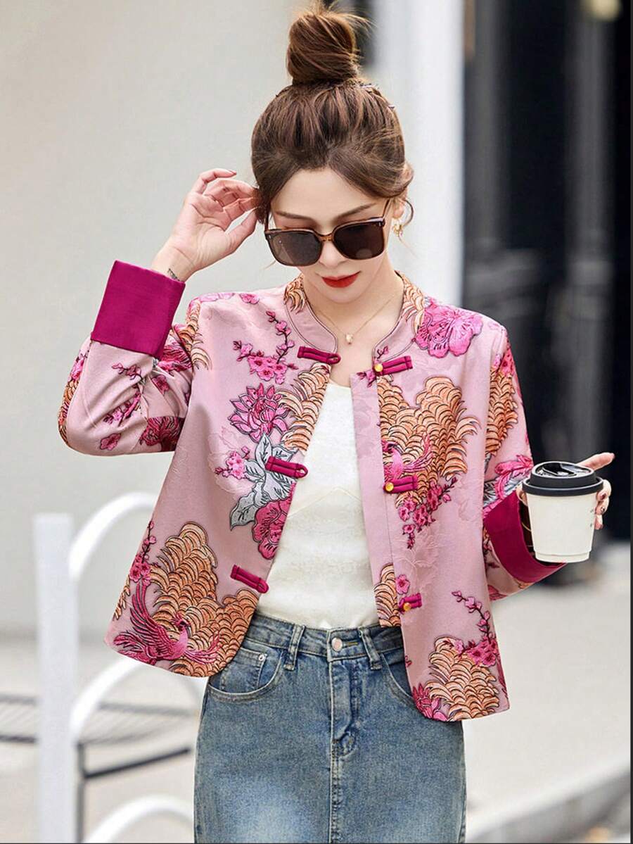 Jaket Pendek Wanita Gaya Cina dengan Kancing Katak Brokat Jacquard, Kerah Tegak, Jaket Pendek Vintage Lengan Panjang Jacquard Phoenix - Berwarna merah muda - View 1