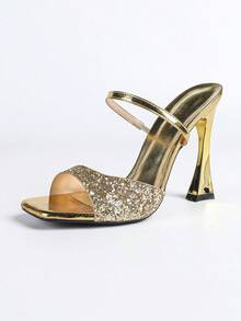 Jin Bei Qi 女士高跟鞋，方头，纯色，漆皮，亮片装饰，踝带，套脚，露趾，户外派对，细高跟，独特鞋跟造型，优雅时尚女鞋，四季皆宜，魅力四射，浪漫迷人，金色高跟鞋 - 金色 - 查看 8