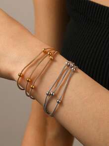 RAYQUEEN 1 pieza Pulsera de cadena de cuentas redonda minimalista de acero inoxidable de 3 capas, adecuada para uso diario - Pulsera - Ver 2