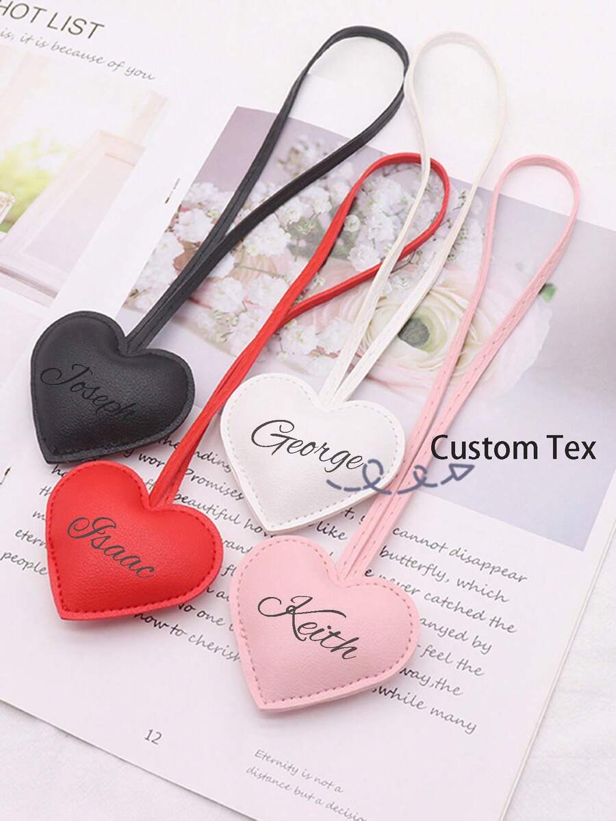 1pc Customized Engraved Logo Leather Heart-Shaped Strap, Minimalist Bag Charm, Car Keychain, Apparel Accessory, Couple Backpack Pendant - Multicolor - View 1