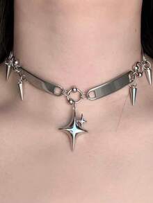 1 chiếc vòng cổ hình trái tim và ngôi sao bằng kim loại phong cách Gothic Punk Y2K, kiểu dáng tối màu, hình học, mạ hợp kim kẽm, dành cho nữ. - Bạc - Xem 7