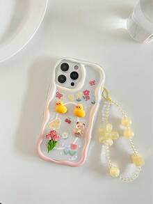 1pc Cream Patterned Painted Accessory With Attached Chain And Wavy Edge Cartoon Phone Case Compatible With IPhone 14, 14 Pro, 14 Pro Max, 13, 13 Pro, 13 Pro Max, 11, 11 Pro Max, 12, 12 Pro, 12 Pro Max, XR, XS, 15, 15 Pro, 15 Pro Max, 16, 16 Pro, 16 Pro Max, 17, 17 Pro, 17 Air, 17 Pro Max, Galaxy S24, A04, A12, A13, A14, A23, A24, A32, A33, A51, A52, A53, A54, A72, Redmi Series Redmi 9, Redmi 9A, Shock-Proof Phone Case - Multicolor - View 6