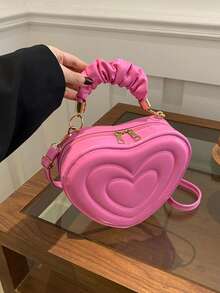 New Stylish Crease Simple Heart-Shaped Cute Solid Color Pleated Handbag, Shoulder Bag, Crossbody Bag For Shopping - Pink - View 1