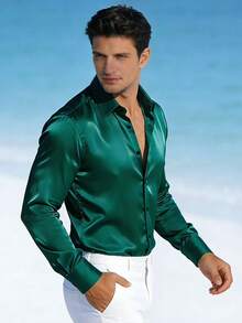 Spring New Men's Long Sleeve Shirt, American Satin Casual Shirt, Classic Glossy Nightclub Bar Elegant Shirt - Dark Green - View 3