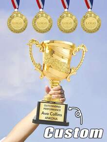 Customizable Gold Trophy And Medal - Personalized Medals, Gold Trophies, Sports Trophies, Sports Gifts, Custom Trophies, Children's Competition Medals, Sports Event Marathon Commemorative Plaques, Suitable As Children's Encouragement Gifts, For Awards Ceremonies, Competitions, Offices, Schools And Other Occasions - Multicolor - View 2