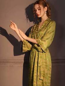 Jacquard Nightgown Women's Spring And Autumn Long Bathrobe Bath Skirt Ice Silk High-End Satin Loungewear Single Robe Can Be Worn Outside - HP14款-長袍 - 查看 4