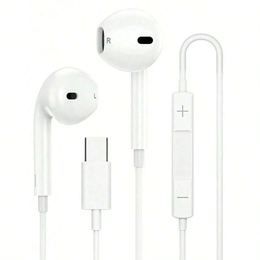 Type-C 入耳式耳机 - 防噪音、立体声、音量控制，兼容 15/16 Plus/16 Pro Max/iPad，也适用于三星 S24、Galaxy S23 和大多数 USB-C 设备，适用于手机和电脑的游戏耳机 - 白色 - 查看 1