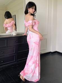 abyoxi 粉色蝴蝶网纱印花性感露肩荷叶边鱼尾连衣裙，优雅适合约会、旅行，展现甜美性感风格，是返校季和春夏新款女装的理想之选。 - 淺粉色 - 查看 2