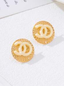 1 قطعة أقراط دائرية ذهبية معدنية مزدوجة الشكل الحرفي O، مجوهرات فاخرة هندسية للحفلات - أبيض - مشاهدة 8