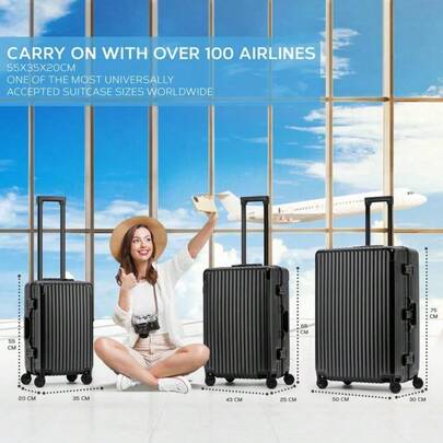 01220"/24"/28" Aluminium Frame Luggage – ABS Hard Shell, Straight Vertical Lines, Black Mono, UK Travel