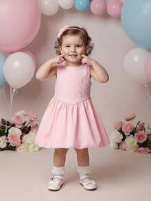 1pc Girls/Toddlers Pink Round Neck Jacquard Knit Patchwork A-Line Lantern Hem Dress, Sweet & Cute, Suitable For Spring/Summer, Festivals, Parties, Activities And Playtime - Pink - View 4