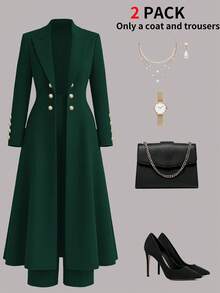Bộ đồ công sở thanh lịch dành cho nữ, gồm 2 món, màu xanh ô liu, áo khoác dài thắt eo kiểu Anh cổ điển hai hàng cúc kết hợp với quần ống đứng đơn giản, thích hợp cho mùa xuân. - Xanh đậm 31 - Xem 3