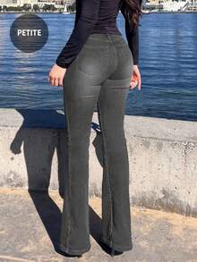 Fashionable Grey Washed Denim Skinny Petite Stretch Flare Pants, Comfortable & Versatile - Dark Grey - View 4