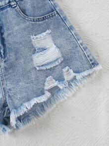 Bộ 2 món cho bé gái, gồm áo tank top cổ tròn và quần short denim rách kiểu vintage, kiểu dáng thường ngày, đa năng. - Nhiều màu - Xem 8