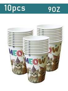 50/10pcs Cat Theme Birthday Party Supplies, Including Cat Paper Plates, Paper Cups And Napkins, Disposable Birthday Plates, Cat Theme Party Supplies, Birthday Decorations, Disposable Cups, Serves 10 People - Multicolor - View 6