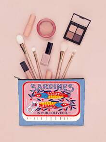 Vintage Sardine Fish Pattern Unisex Cosmetic Bag, Large Capacity Foldable Spacious Zipper Pouch, Travel Essential Lightweight Small Item Storage Bag, Portable Handheld Bag, Multi-Function Coin Purse, Toiletry Bag, Pencil Case, Makeup Brush Bag, Women's Daily Carry-On, Suitable For Commuting, Vacation, Business, Fitness And Outdoor Use