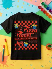 Disney Toy Story Pizza Planet Themed Kids' T-Shirt: Black Base With Double-Sided Print Of 'Pizza Planet' Logo, Aliens And Retro Fast-Food Elements. The  Style Fits Kids' Multi-Scene Daily Wear - 黑色 - 查看 3