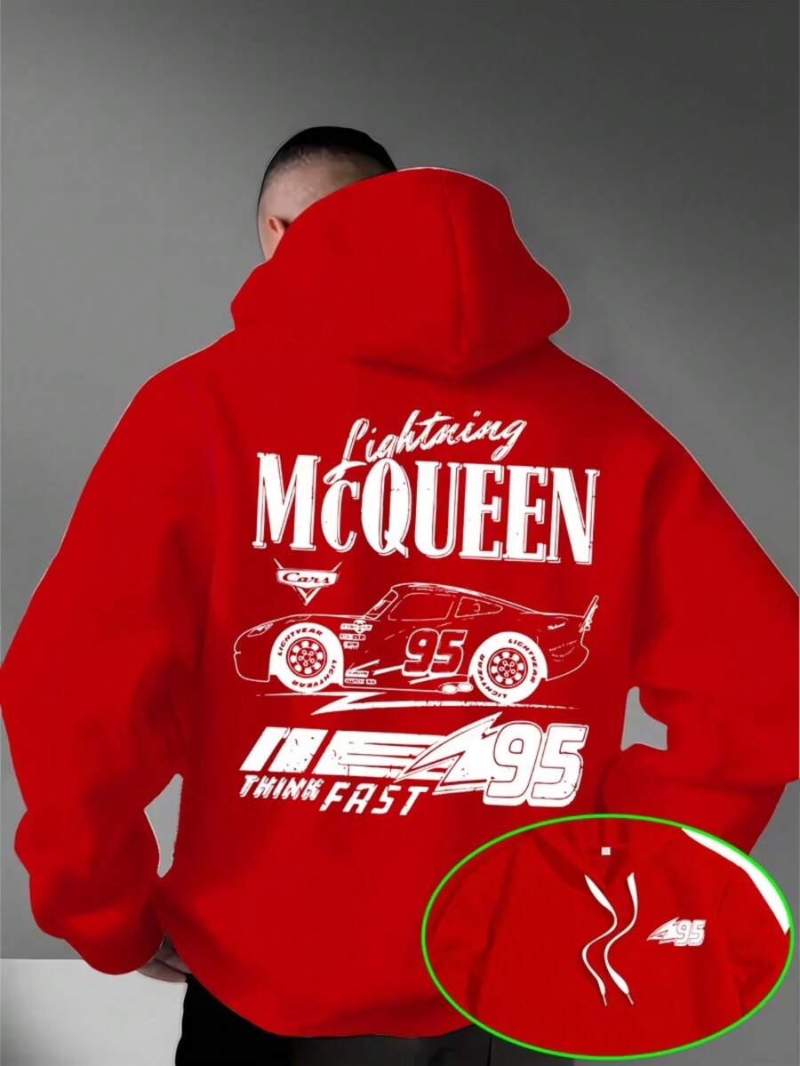Lightning McQueen No.95 Theme Hooded Sweater: Big Characters On The Back+Racing Details +"THINKFAST "Slogan, Which Is The First Choice For Second-Generation Hipsters To Wear, And Can Be Machine-Washed. It Is Comfortable To Wear On The Street Everyday And Can Be Machine-Washed. It Has Drawstring, Kangaroo Pocket And Long Sleeve Design, And Its Fashion Style Is Very Suitable For Outdoor Activities And Leisure Wear. Disney Men's Hoodie - 紅色 - 查看 1