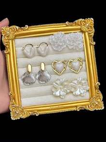 5 Pairs Elegant Sweet Drip Glaze Heart & Camellia Flower Shell Minimalist Luxury Cute High-End Design Stud Earrings Set, Suitable For Women, Valentine's Day, Daily Wear, Festivals - Set a - View 2