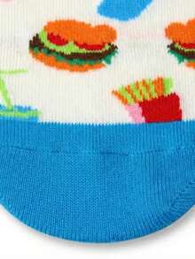 1 Pair Of Unisex Fast Food Pattern Boat Socks - White & Blue Design With Burger/Fries/Drink Prints, Comfortable Daily Socks, Ideal Gift For Food Lovers, Year-Round Fashion Leisure Socks - Multicolor - View 5