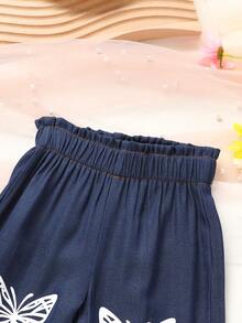 两件套女婴柔软舒适休闲优雅套装，可爱荷叶边蝴蝶结吊带上衣搭配蝴蝶印花弹力腰直筒裤，适合夏季日常穿着、度假、派对和户外活动 - 彩色 - 查看 7