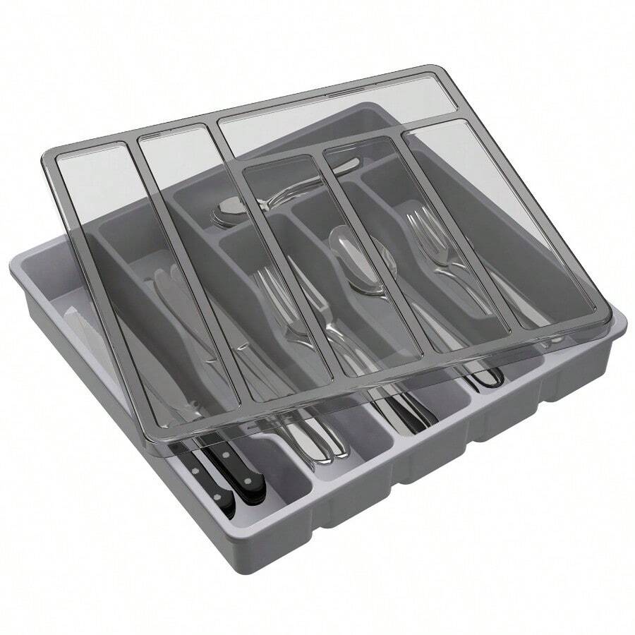 Cutlery Tray With Lid, Cutlery Storage Box For Kitchen Countertop And Drawer, Plastic Cutlery Drawer Organiser For Spoons Forks Knives Holder Storage Insert, 6 Compartments - 灰色的 - 查看 1