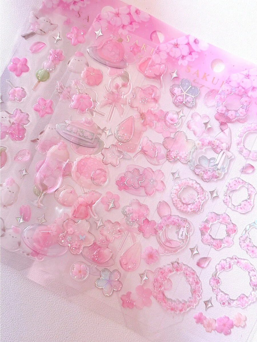 3D Cherry Blossom Crystal Stickers, Metallic Silver Floral Decal Stickers - Multicolor - View 1