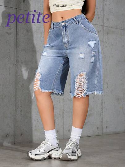 Petite Women's Washed Denim Bermuda Shorts, Casual Ripped Pocket Zipper Design, Suitable For Petite Ladies