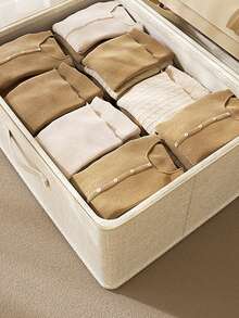 1pc Large Capacity Wardrobe Storage Box, For Clothes, Bedding, And Stationery Organization, With Lid Linen Collapsible Closet Storage Box - Beige - View 3