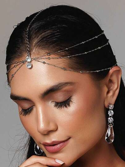 1件水钻水滴头饰，简约波西米亚风多层串珠发链发饰，新娘头饰