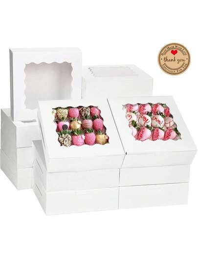 10pcs Bakery Boxes, 8x8x2.5 Cookie Boxes With Window, White Treat Containers For Donuts, Chocolate Strawberries, Pie,Perfect For Birthdays, Weddings, And Baby Showers Gift Boxes