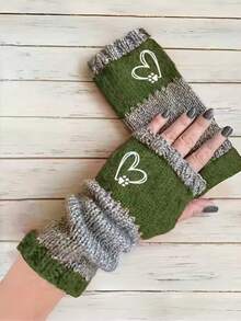 Vintage Heart Decor Fingerless Gloves - Elastic Wrist Cuffs, Soft Stretchy Sleeves, Fingerless Design, Suitable For Walking Dogs And Casual Winter Outfits (Black/Gray, Hand Wash) - Gift For Pet Lovers, Fashionable Ladies Knitted Gloves With Heart Patch, Warm And Comfortable