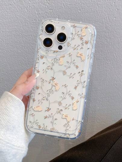 1pc Minimalist Floral & Rabbit Pattern Transparent TPU Cushion Anti-Drop Phone Case, Suitable As Holiday Gift Compatible With Apple, Galaxy S22/23/24/25/A05/A05S/A53/A54/A55 And Other Models